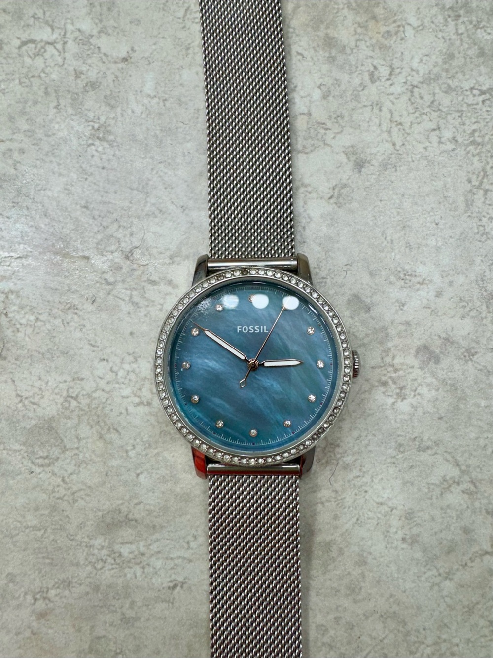 Fossil Silver Mesh Watch with Blue Mother-of-Pearl Dial and Crystal Bezel